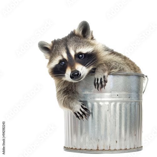 A cute raccoon peeking from a trash can, isolated in white, white background