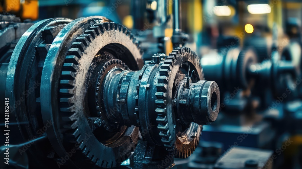 Close-Up View of Industrial Gear Mechanism in Manufacturing Facility Close-Up View of Industrial Gear Mechanism in Manufacturing Facility