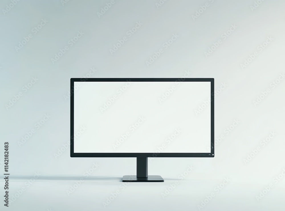 A computer monitor displays a white screen set against a white background A computer monitor displays a white screen set against a white background