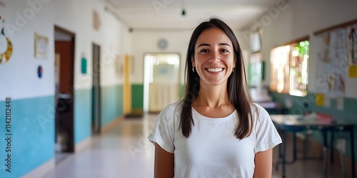 Argentine female social worker standing proudly in a community center, helping others photo