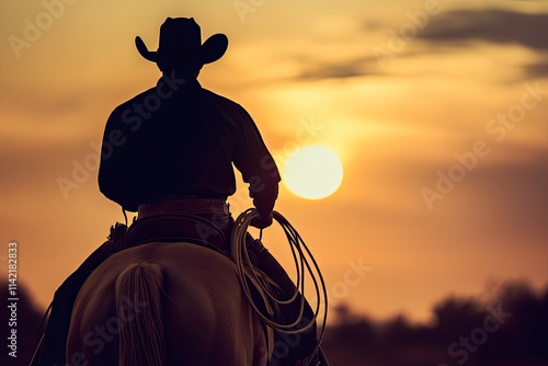 Fototapeta Naklejka Na Ścianę i Meble -  A cowboy is gracefully riding his horse in a vast field during sunset