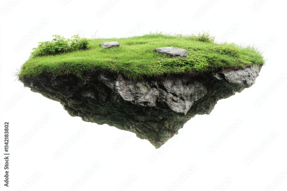 Floating island with lush green grass and rocks on a white background, symbolizing fantasy, imagination, and surreal natural landscapes Floating island with lush green grass and rocks on a white background, symbolizing fantasy, imagination, and surreal natural landscapes