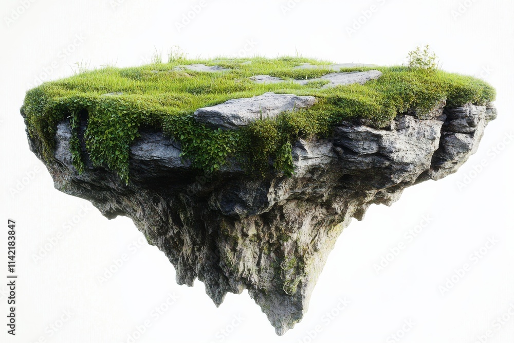 Floating island with lush green grass and rocks on a white background, symbolizing fantasy, imagination, and surreal natural landscapes Floating island with lush green grass and rocks on a white background, symbolizing fantasy, imagination, and surreal natural landscapes