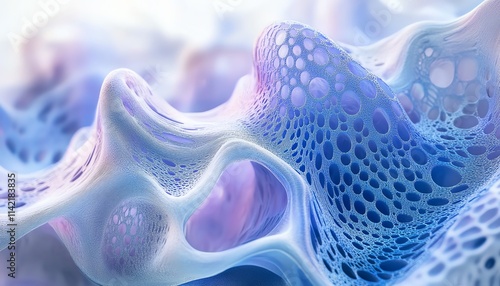 Closeup of a generative AIrendered fluid sculpture, with intertwining organic patterns in soft blue and purple tones, exuding a futuristic and surreal atmosphere photo