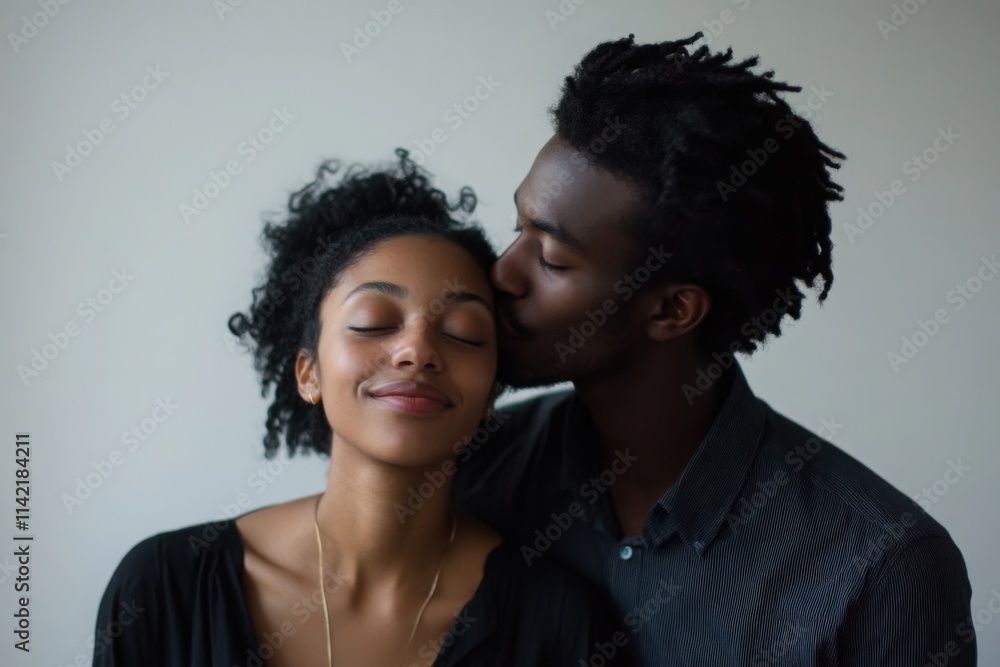 Couple shares an intimate kiss in a studio setting with a simple backdrop, capturing the essence of love and connection Couple shares an intimate kiss in a studio setting with a simple backdrop, capturing the essence of love and connection