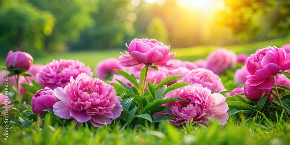 Colorful pink peony flowers scattered on a lush green grass field Colorful pink peony flowers scattered on a lush green grass field