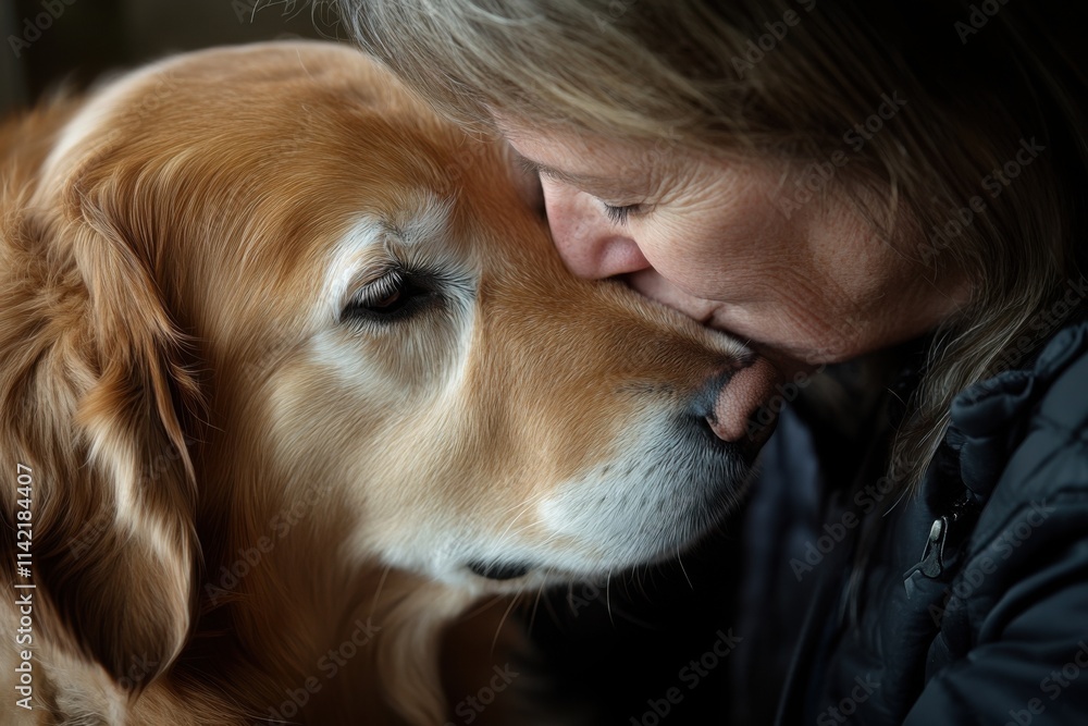 Owner shares a tender forehead kiss with golden retriever in a cozy indoor setting Owner shares a tender forehead kiss with golden retriever in a cozy indoor setting