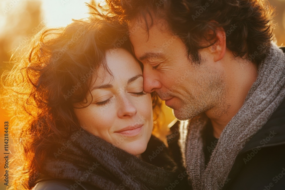 Romantic moment with man gently kissing woman during golden hour in a serene outdoor setting Romantic moment with man gently kissing woman during golden hour in a serene outdoor setting