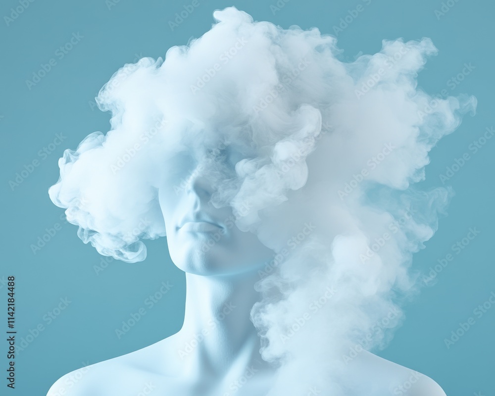 A surreal image of a blue mannequin head obscured by white clouds, creating an ethereal and dreamlike atmosphere against a light blue background. A surreal image of a blue mannequin head obscured by white clouds, creating an ethereal and dreamlike atmosphere against a light blue background.