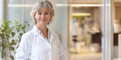 Portrait of nurse standing warmly in a healthcare clinic, offering patient care photo