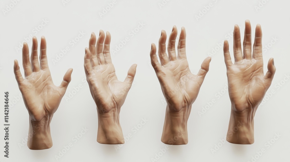 Realistic photograph of four female hands, each in different hand poses on a white background. The left and right sides have two fingers raised upwards, while the middle set has both palms facing the Realistic photograph of four female hands, each in different hand poses on a white background. The left and right sides have two fingers raised upwards, while the middle set has both palms facing the