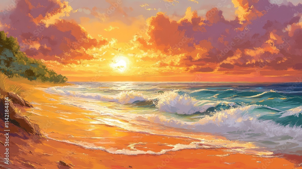 Fototapeta premium Vibrant Sunset Over Serene Beach with Gentle Waves and Clouds