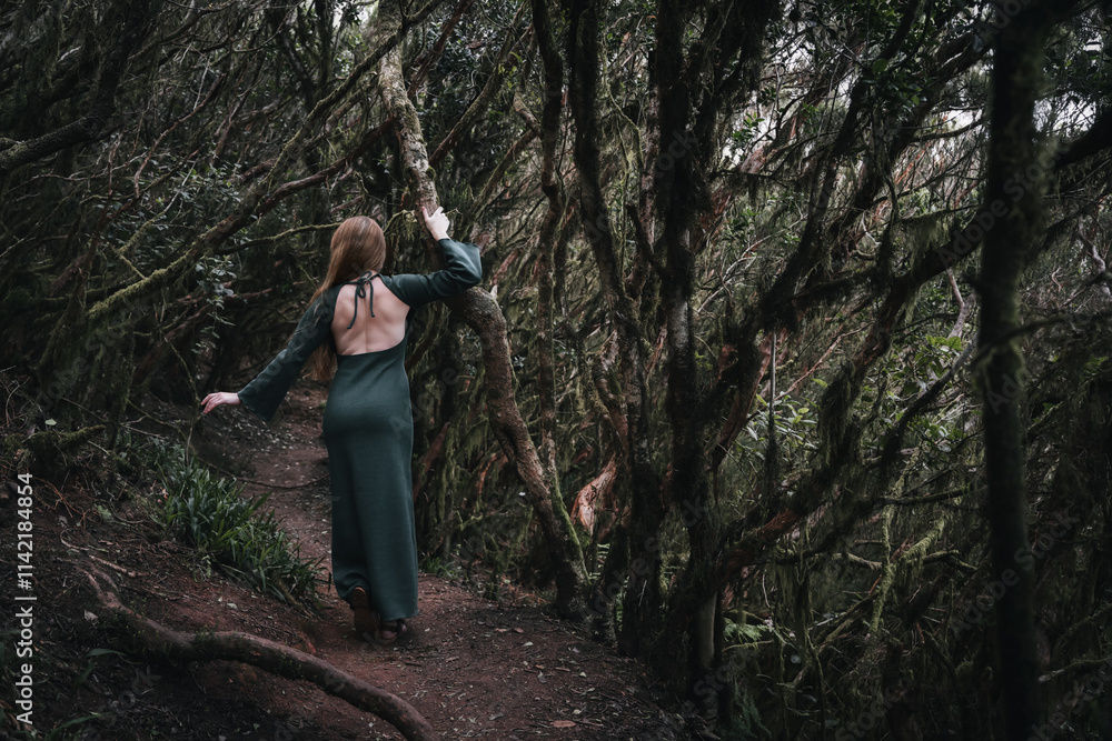 Girl in a dark green dress in the ancient laurel forests of Anaga Mountains, Tenerife Girl in a dark green dress in the ancient laurel forests of Anaga Mountains, Tenerife