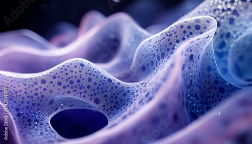 Generative AIcreated closeup of a flowing organic sculpture, blending deep blue and purple tones with fluid, intertwining patterns, set against a surreal background photo