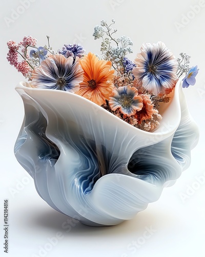 Generative AIrendered ceramic bowl with a white and light blue color palette, bursting with a variety of colorful flowers flowing elegantly from its rim photo