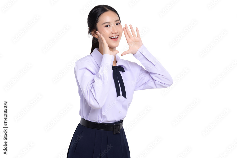 Portrait lovely Asian student girl in Thai school uniform opening mouse for attention for good news isolated on white background. Portrait lovely Asian student girl in Thai school uniform opening mouse for attention for good news isolated on white background.