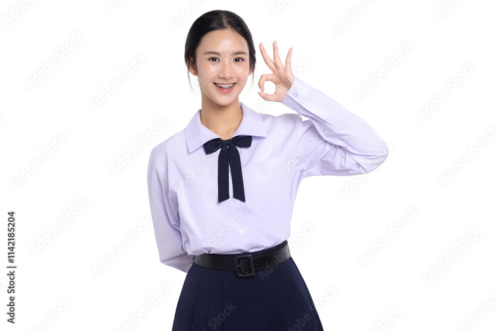 Happy Asian student girl in school uniform shows OK hand sign with braces teeth on isolated white background. Happy Asian student girl in school uniform shows OK hand sign with braces teeth on isolated white background.