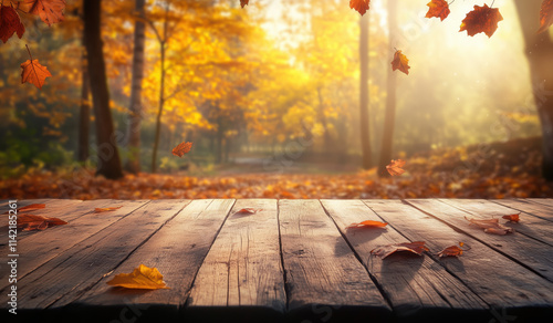 Golden autumn leaves cascade gently over a wooden deck surrounded by a serene forest in late afternoon light. the warm glow of sunset light. beautiful autumn day