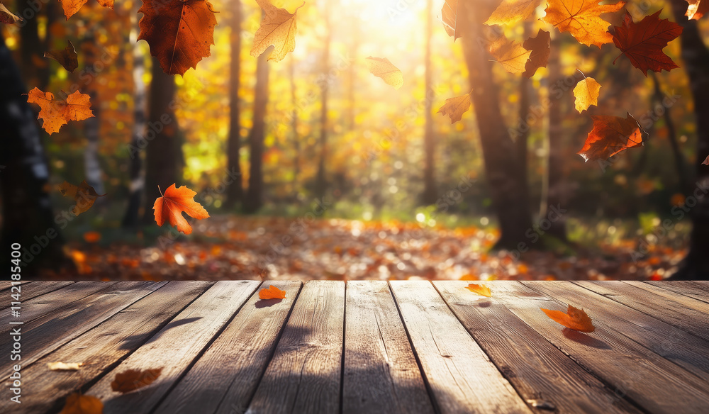 Colorful autumn leaves fall softly onto a weathered wooden deck in a peaceful forest. The sunlight filters through the trees, creating a warm and nostalgic atmosphere. Colorful autumn leaves fall softly onto a weathered wooden deck in a peaceful forest. The sunlight filters through the trees, creating a warm and nostalgic atmosphere.