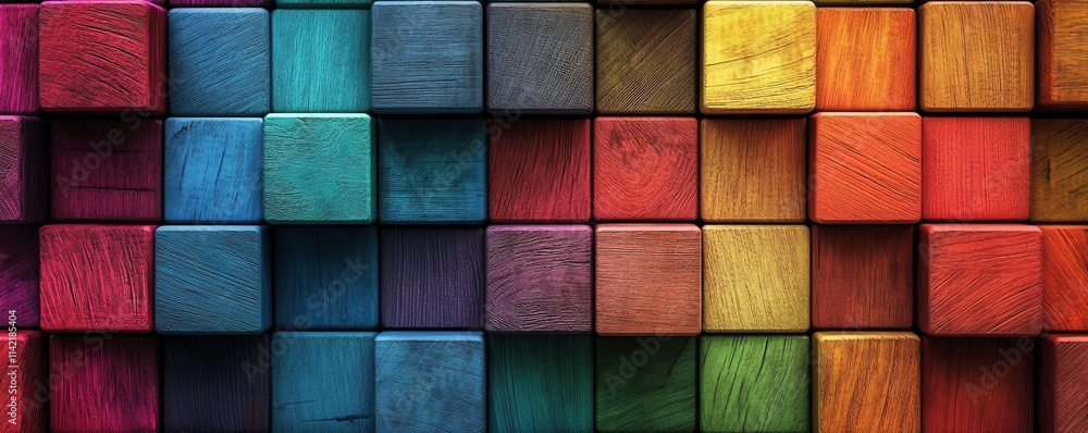 Abstract 3D geometric wooden square cubes in rainbow colors, textured wall design, vibrant wooden texture, creative banner illustration, 4K resolution, highquality wallpaper Abstract 3D geometric wooden square cubes in rainbow colors, textured wall design, vibrant wooden texture, creative banner illustration, 4K resolution, highquality wallpaper