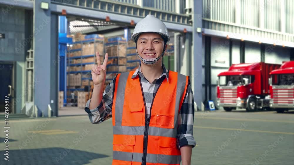 Asian Male Engineer With Safety Helmet Smiling And Showing Peace Gesture While Standing , Outside of Logistics Distributions Warehouse Asian Male Engineer With Safety Helmet Smiling And Showing Peace Gesture While Standing , Outside of Logistics Distributions Warehouse
