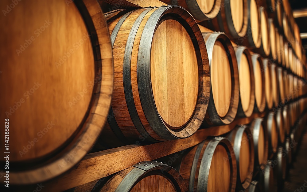 Bourbon, whiskey, scotch, and wine barrels in a distillery aging facility, wooden barrels stacked in rows, vintage ambiance, aging process in a factory Bourbon, whiskey, scotch, and wine barrels in a distillery aging facility, wooden barrels stacked in rows, vintage ambiance, aging process in a factory