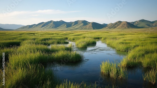 Serene Wetland Landscape with Lush Green Grass and Mountains