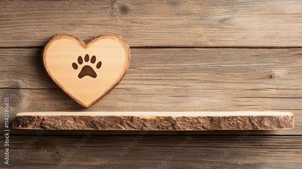 A wooden heart with a paw print sits on a rustic wooden shelf, evoking themes of love for pets and nature. A wooden heart with a paw print sits on a rustic wooden shelf, evoking themes of love for pets and nature.