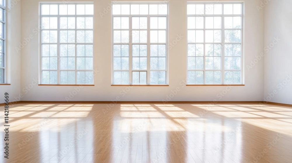 Fototapeta premium A spacious, sunlit room with large windows and polished wooden flooring, creating a bright and airy atmosphere.