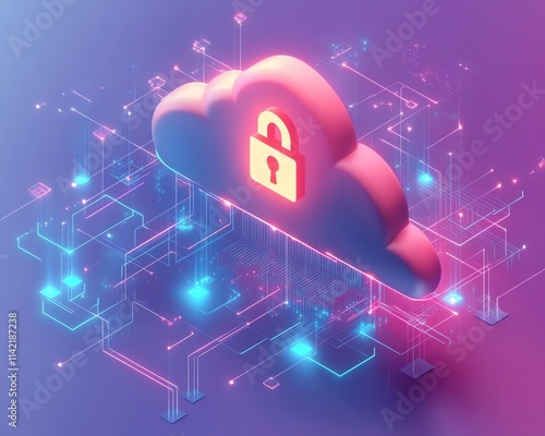 Cloud security diagram with secure connections, central lock symbol, dramatic and dynamic cloud computing design, tech illustration, space for textual content or copy