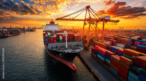 Container ship being loaded at a busy industrial port