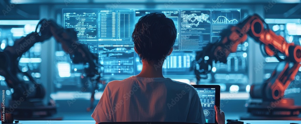 Person Analyzing Data in a High-Tech Control Room with Robotics Person Analyzing Data in a High-Tech Control Room with Robotics