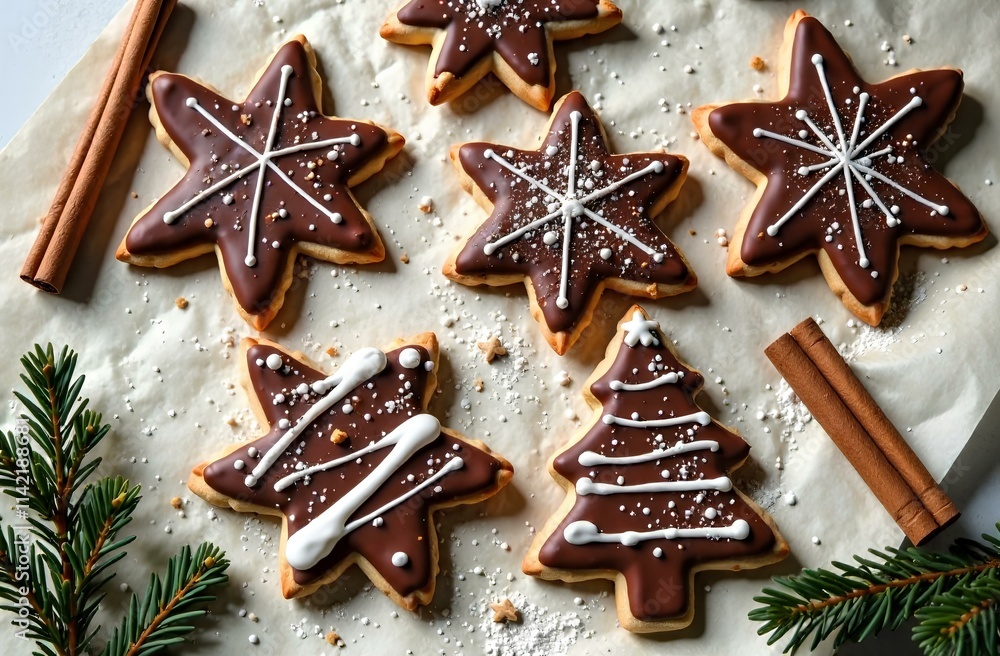 Festive cookies shaped like stars and trees, coated in chocolate and icing, on parchment with cinnamon sticks and pine. Mocha mousse Festive cookies shaped like stars and trees, coated in chocolate and icing, on parchment with cinnamon sticks and pine. Mocha mousse