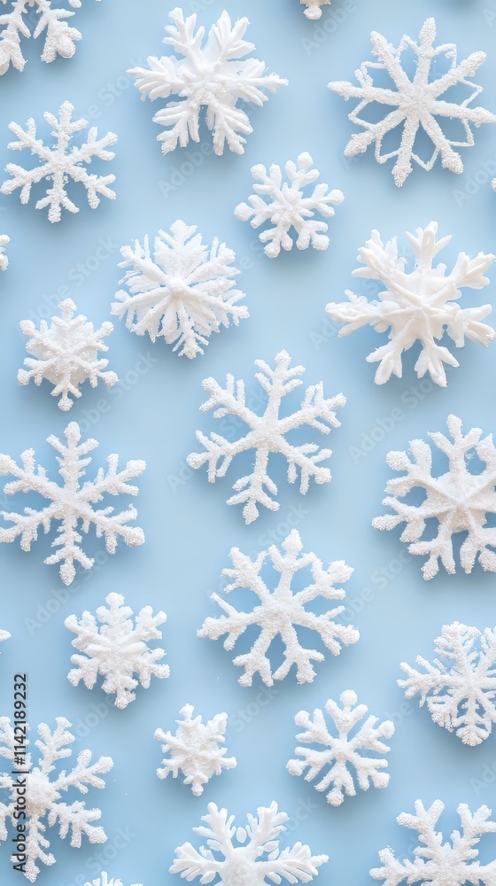 White snowflakes on a plain white or blue background, highlighting their unique symmetrical patterns. seamless pattern. seamless wallpaper. christmas wallpaper. Ultra realistic. Photorealistic White snowflakes on a plain white or blue background, highlighting their unique symmetrical patterns. seamless pattern. seamless wallpaper. christmas wallpaper. Ultra realistic. Photorealistic
