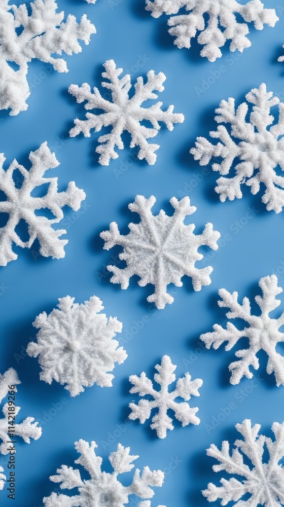 White snowflakes on a plain white or blue background, highlighting their unique symmetrical patterns. seamless pattern. seamless wallpaper. christmas wallpaper. Ultra realistic. Photorealistic White snowflakes on a plain white or blue background, highlighting their unique symmetrical patterns. seamless pattern. seamless wallpaper. christmas wallpaper. Ultra realistic. Photorealistic