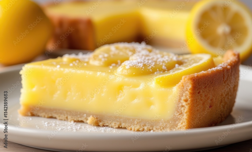 Delicious slice of lemon tart on plate Delicious slice of lemon tart on plate