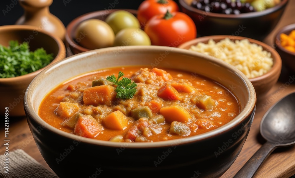 Delicious vegetable stew in a rustic bowl Delicious vegetable stew in a rustic bowl