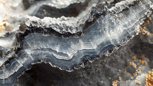 Layered grey and black mineral specimen showing banded texture photo