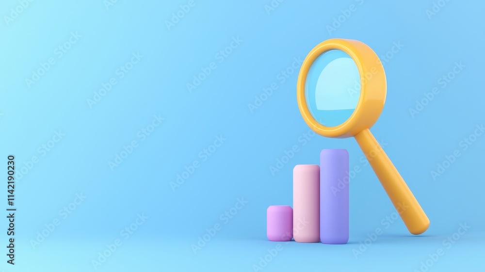 Colorful bar graph with a magnifying glass on a blue background. Colorful bar graph with a magnifying glass on a blue background.
