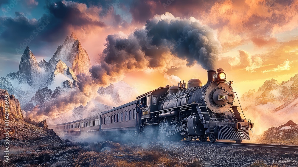 Fototapeta premium Majestic Vintage Steam Train Amidst Dramatic Mountain Landscape