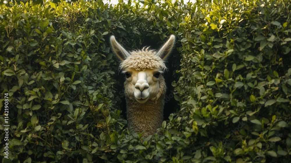 a fluffy llama stuck in a thick hedge, looking completely unfazed by its leafy predicament. a fluffy llama stuck in a thick hedge, looking completely unfazed by its leafy predicament.