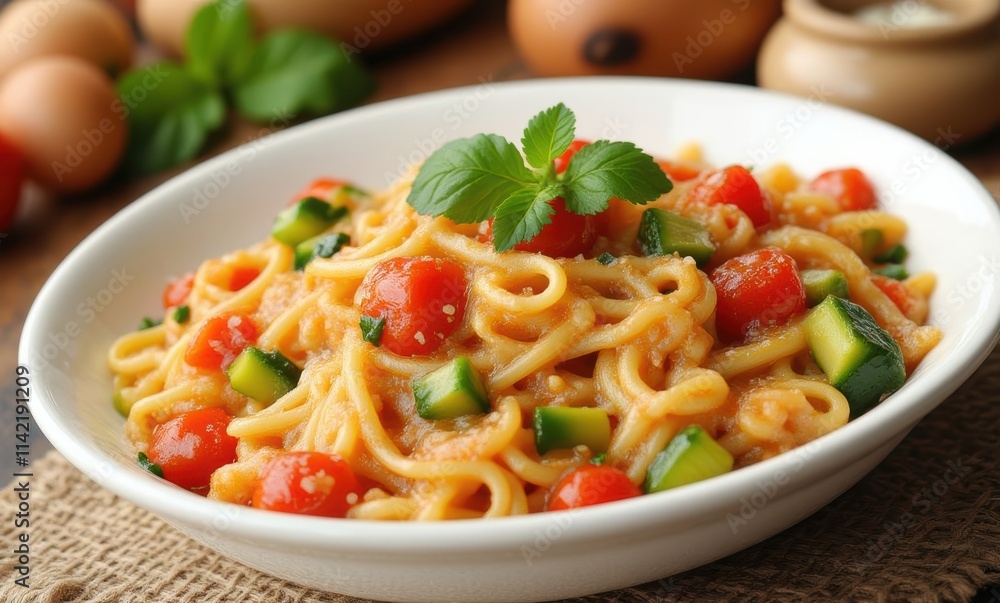 Delicious pasta dish with fresh vegetables Delicious pasta dish with fresh vegetables