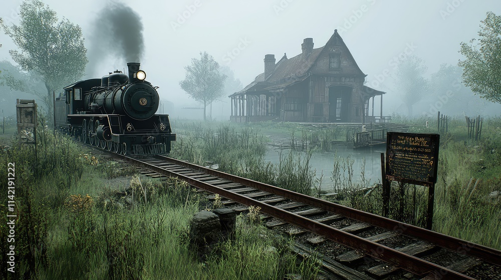 Fototapeta premium Vintage Steam Train Approaching Abandoned House in Foggy Landscape