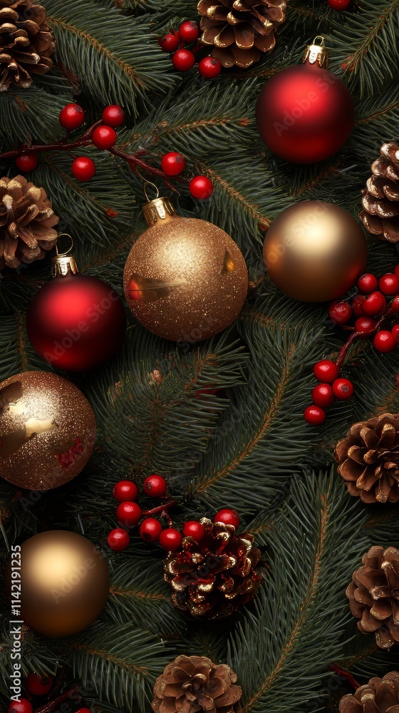 Christmas and new year background with fir branches, red and golden baubles, pine cones and berries. top view with copy space. christmas wallpaper. Ultra realistic. Photorealistic Christmas and new year background with fir branches, red and golden baubles, pine cones and berries. top view with copy space. christmas wallpaper. Ultra realistic. Photorealistic