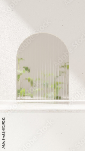 A 3D rendering of an empty space with a marble podium against a light white background in a portrait layout, ideal for showcasing merchandise.