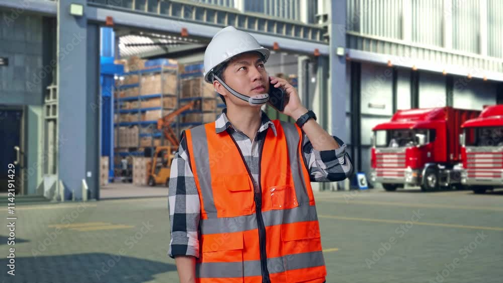 Asian Male Engineer With Safety Helmet Talking On Smartphone While Standing , Outside of Logistics Distributions Warehouse Asian Male Engineer With Safety Helmet Talking On Smartphone While Standing , Outside of Logistics Distributions Warehouse