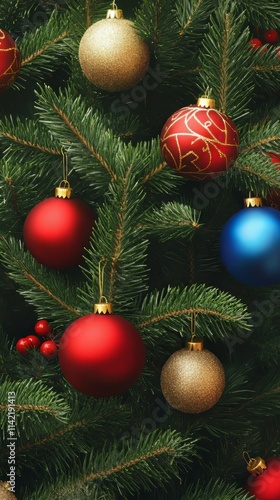 Christmas background. christmas tree and christmas balls. christmas wallpaper. Ultra realistic. Photorealistic