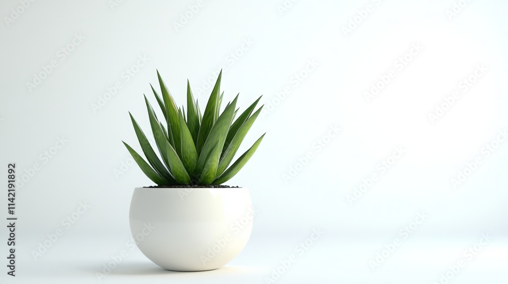 A sleek ceramic pot is home to a vibrant snake plant. The clean white background isolates the pair, showcasing their elegant simplicity