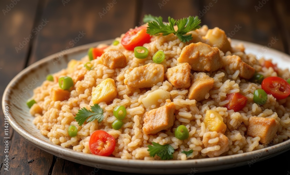 Delicious rice dish with vegetables and chicken Delicious rice dish with vegetables and chicken