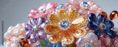 Bouquet of flowers made entirely of diamonds, realistic shimmering petals, natureinspired luxury, radiant and vibrant colors, crystalclear design, stunning floral masterpiece photo